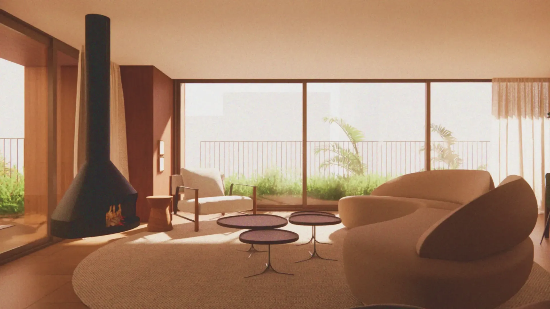 Sala de estar com lareira, mobília moderna e grandes janelas com vista para a vegetação externa.