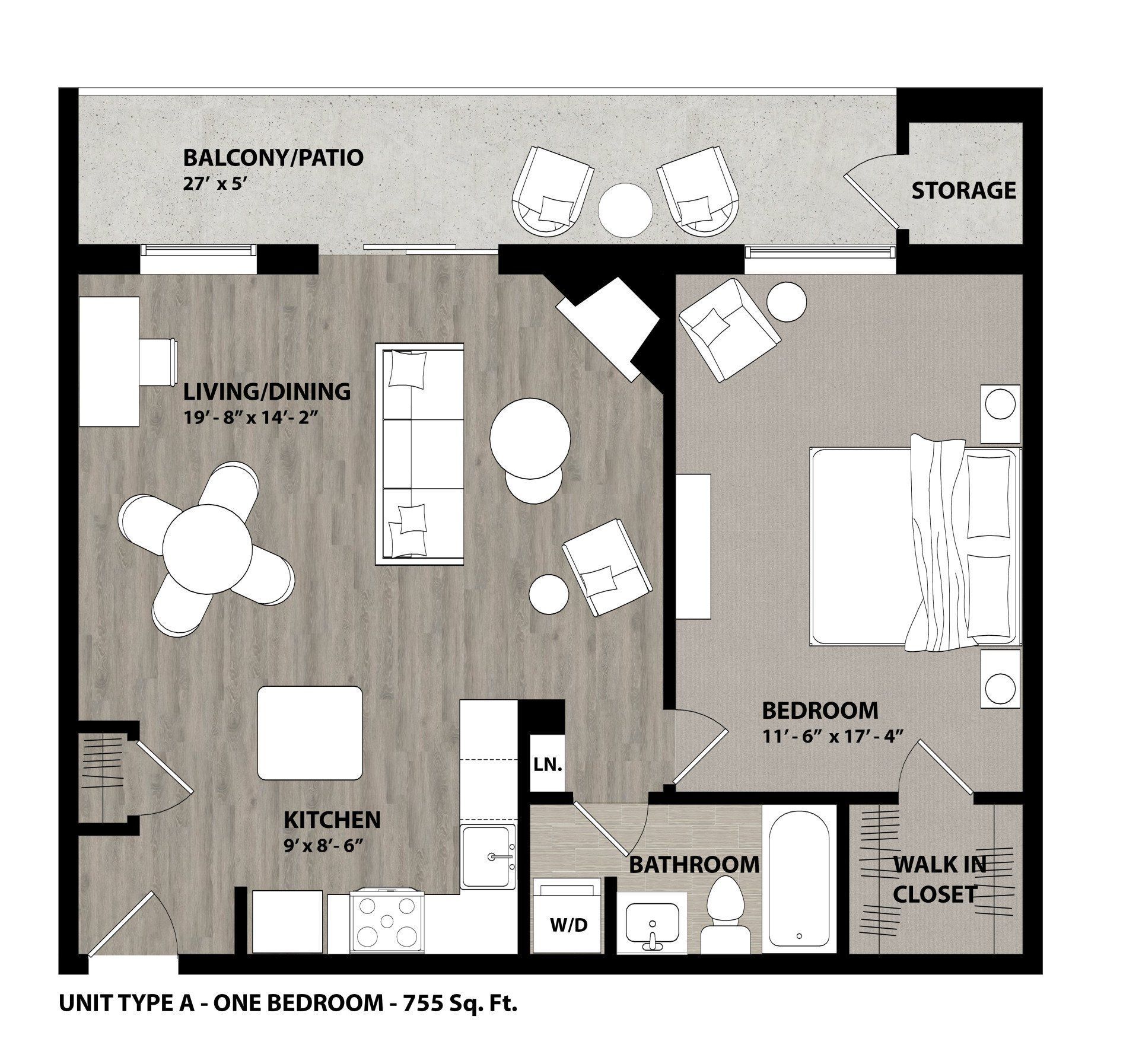 Floor Plan: 1 Bed · 1 Bath · 755 SQ. FT