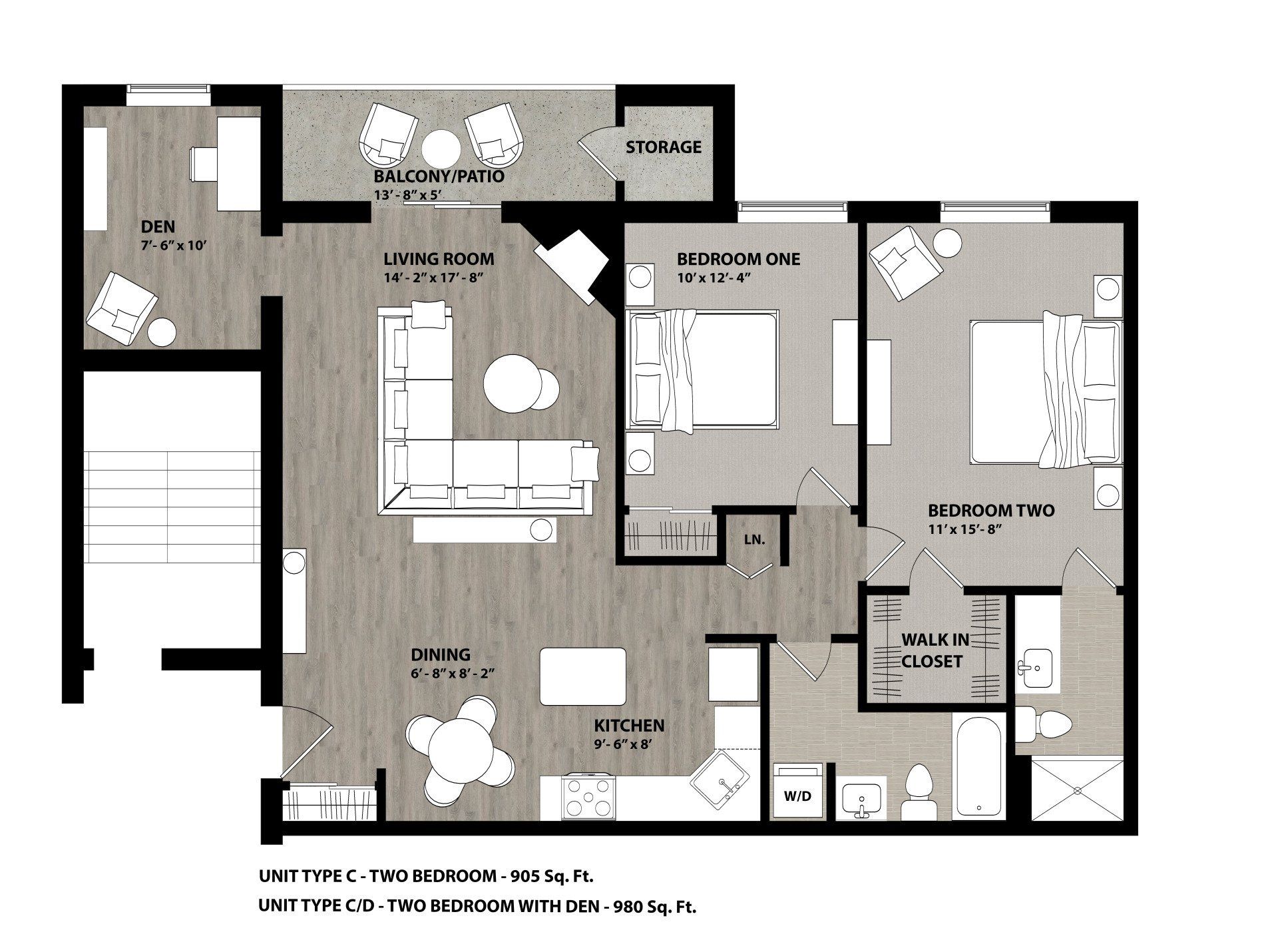 Floor Plan: Unit Type C: 2 Bed · 2 Bed  · 905 SQ. Ft. and Unit Type C/D: 2 Bed · 2 Bath · w/ Den · 980 SQ. FT.