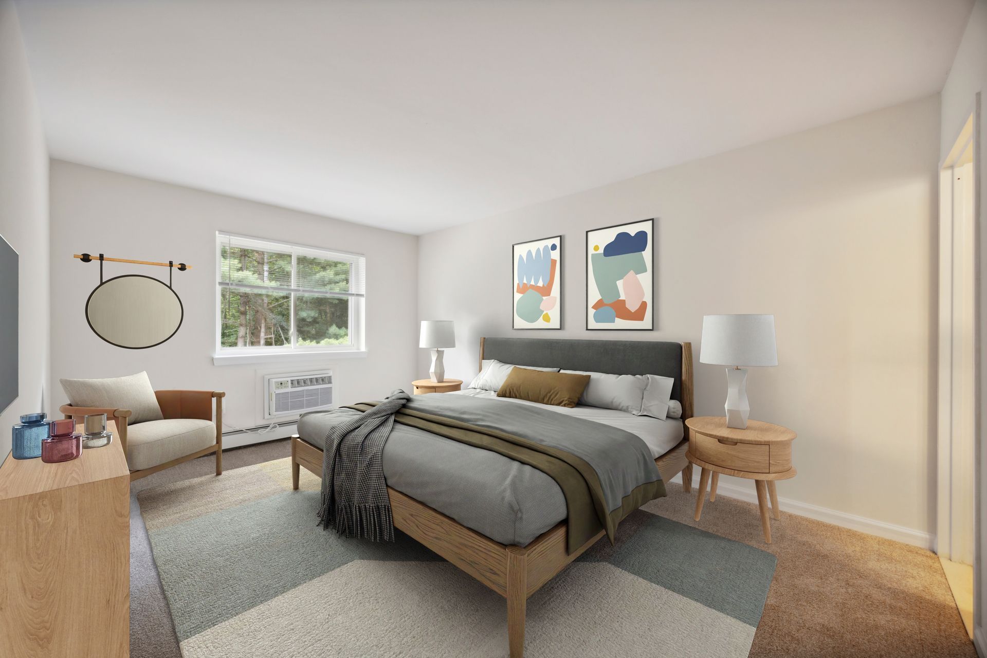 Bedroom with a bed, nightstands, chair, dresser, window, mirror, and two framed prints on the wall.