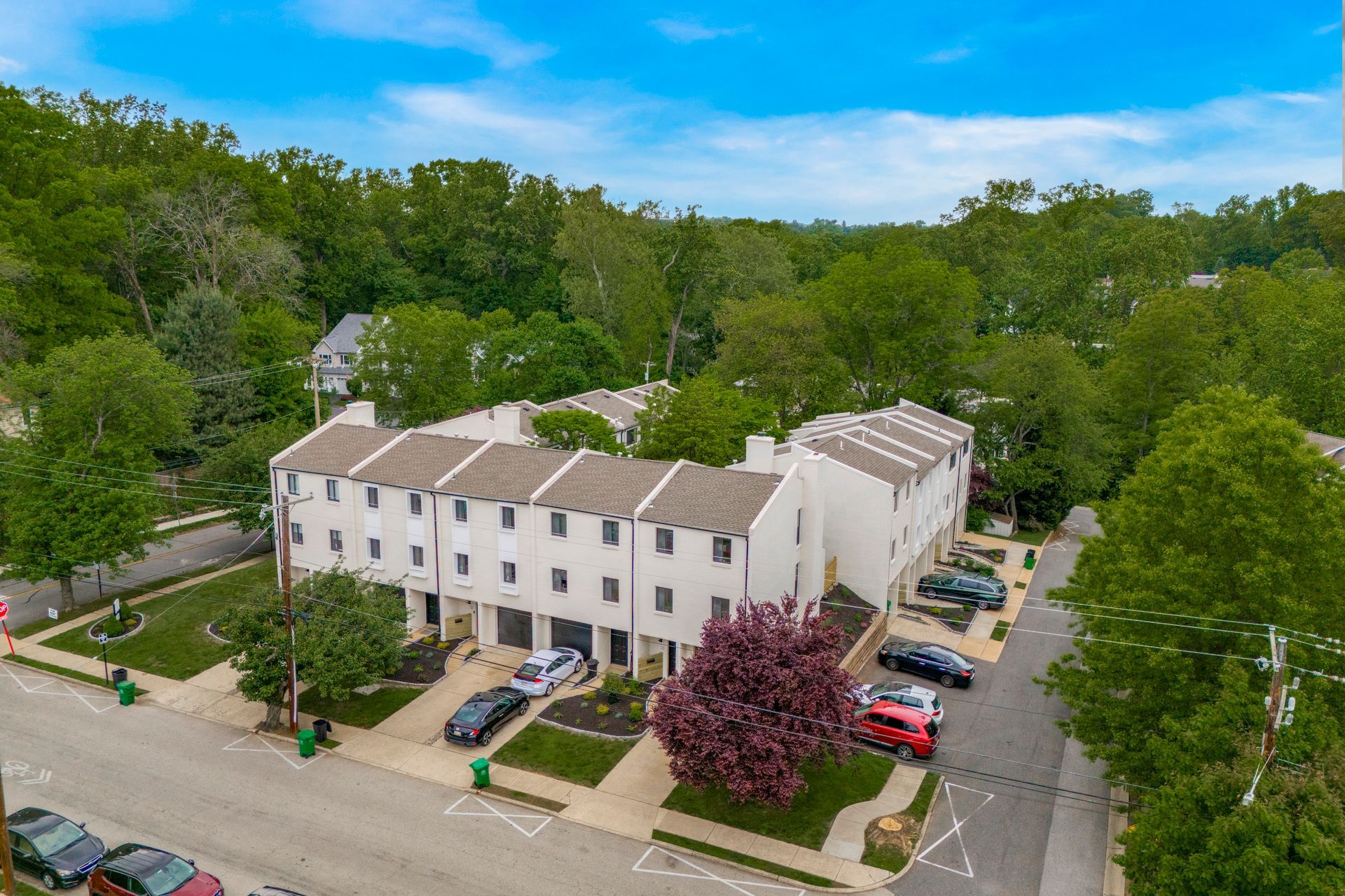 Townhouses on a tree-lined street with cars parked in front and green space. Sunny day with blue sky.