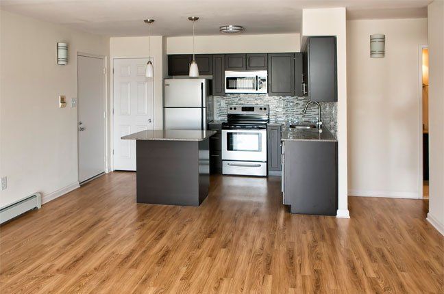 Kitchen area with wood flooring, dark cabinets, stainless steel appliances, and a gray island.