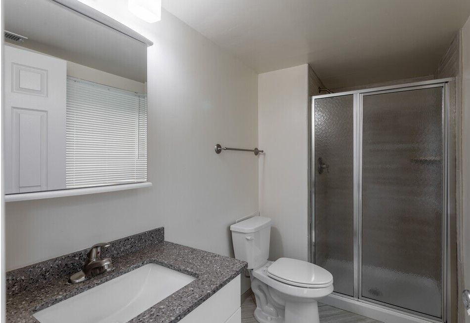 Bathroom with a white toilet, shower, vanity with granite countertop, and mirror.