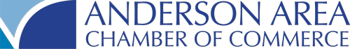 The Anderson Area Chamber of Commerce logo featuring dark blue text and a stylized blue V graphic.
