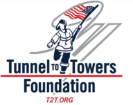 Logo for the Tunnel to Towers Foundation, showing a firefighter carrying a flag in front of a stylized 9/11 graphic.