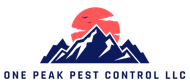 Logo for One Peak Pest Control LLC featuring blue mountains, red sun, and text.