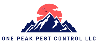 Logo for One Peak Pest Control LLC featuring blue mountains, red sun, and text.