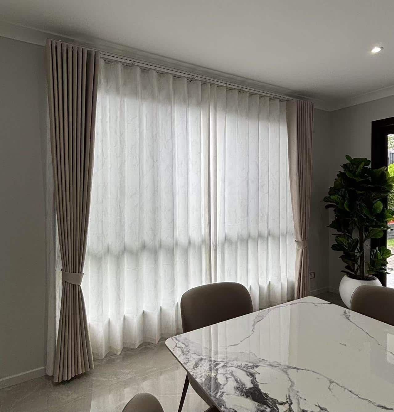 Dining Room with Sheer White Curtains and Beige Drapes — U Curtains in Acacia Ridge, QLD