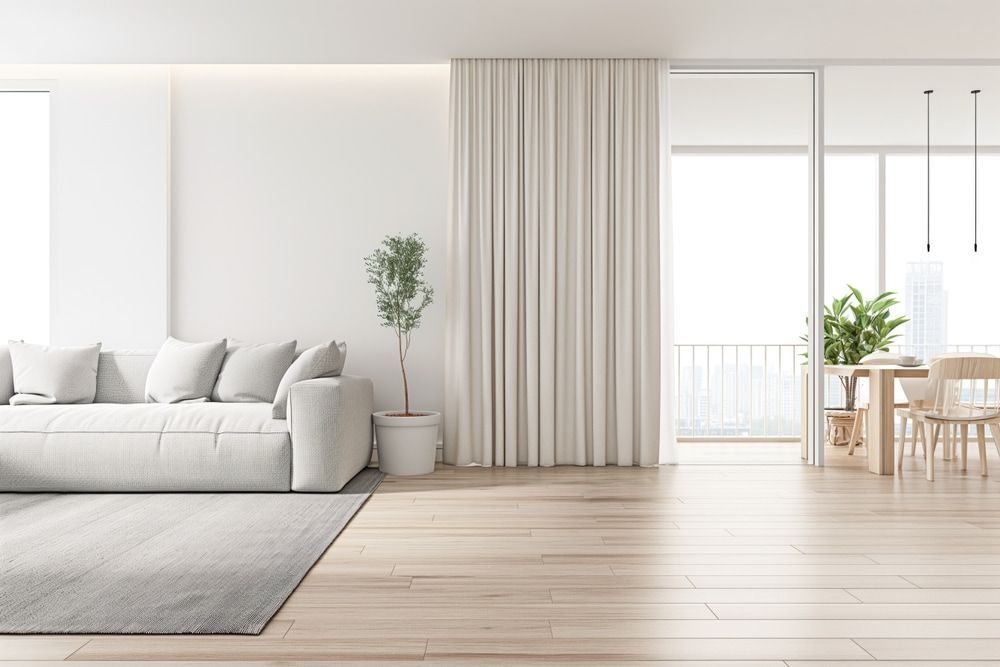 A Bright Minimalist Living Space with A White Sofa, Wooden Floor and Sheer Curtains — U Curtains in Acacia Ridge, QLD