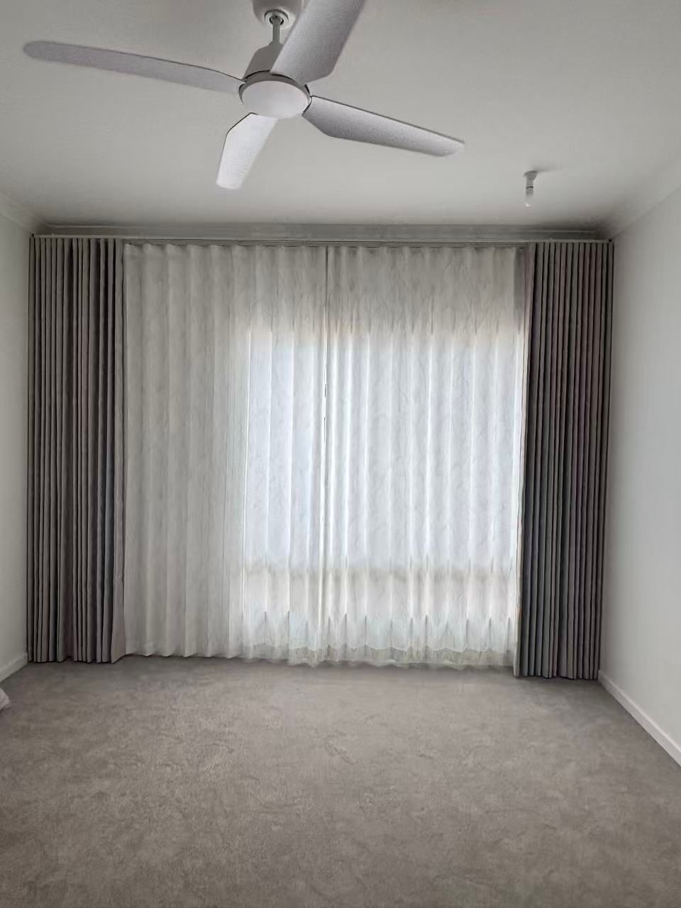 A Room With Grey Carpet With Sheer White Curtains — U Curtains in Acacia Ridge, QLD