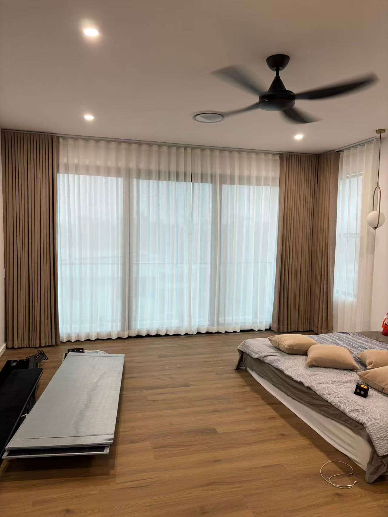 Bedroom With Tan and White Curtains — U Curtains in Acacia Ridge, QLD