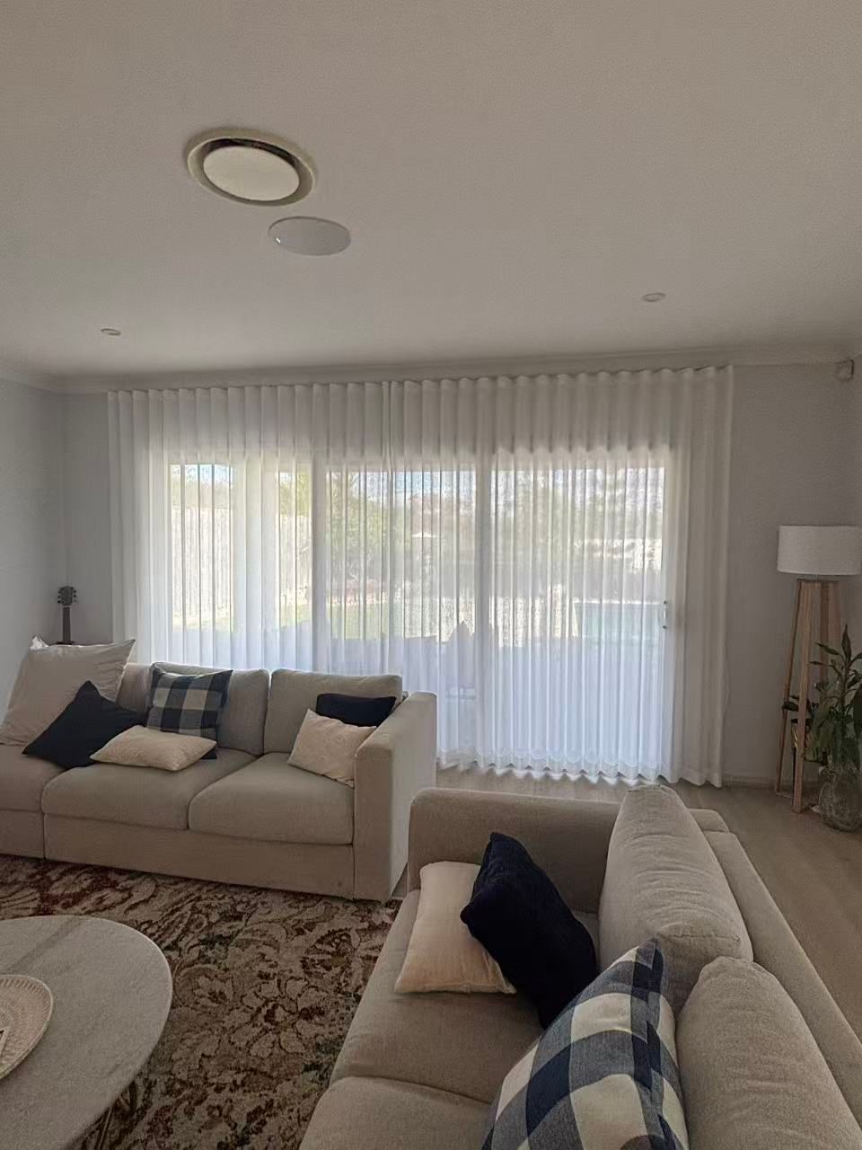 Living Room With Beige Couches White Curtains — U Curtains in Acacia Ridge, QLD