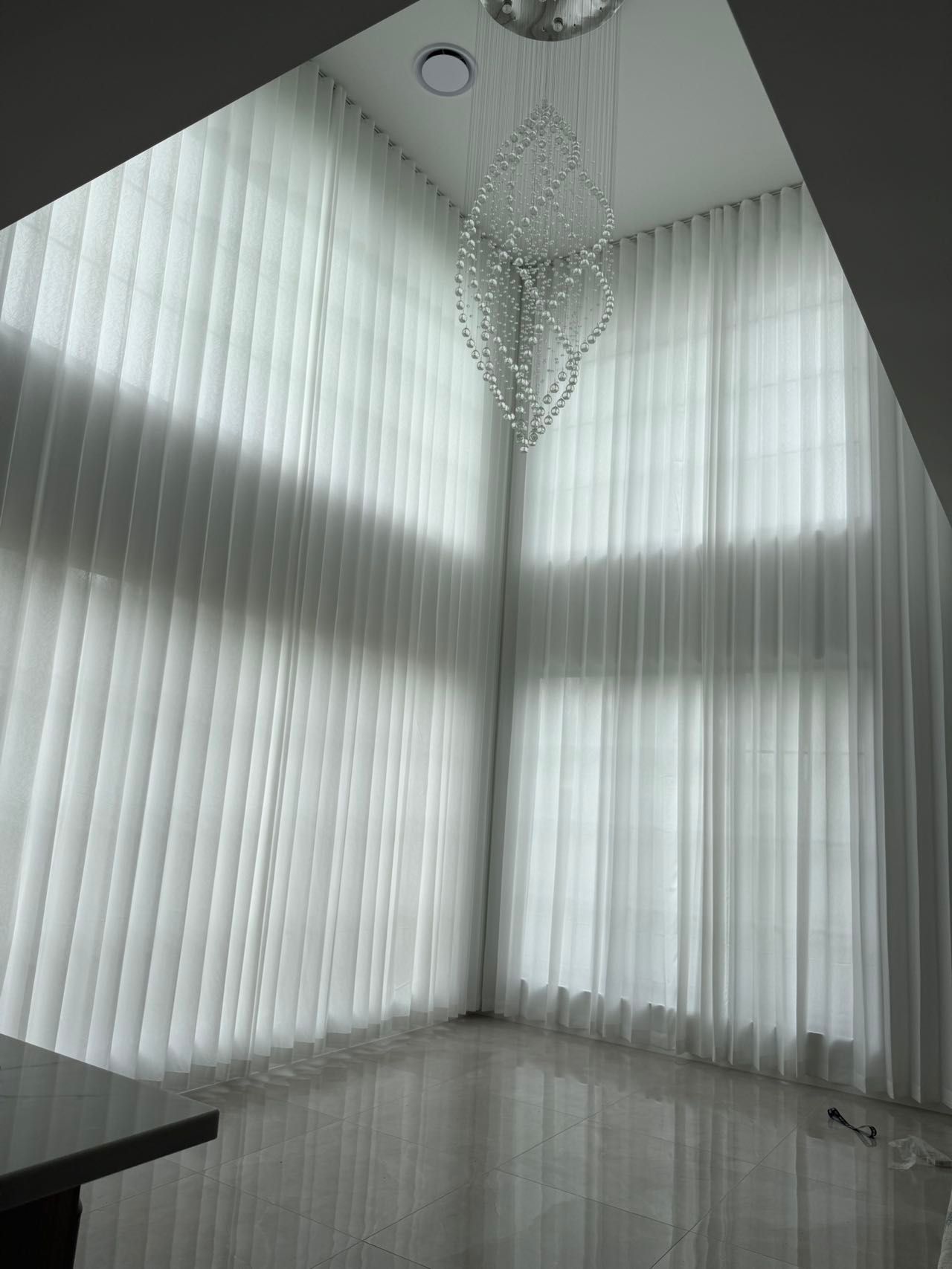 White Sheer Curtains Cover Large Angled Windows — U Curtains in Acacia Ridge, QLD