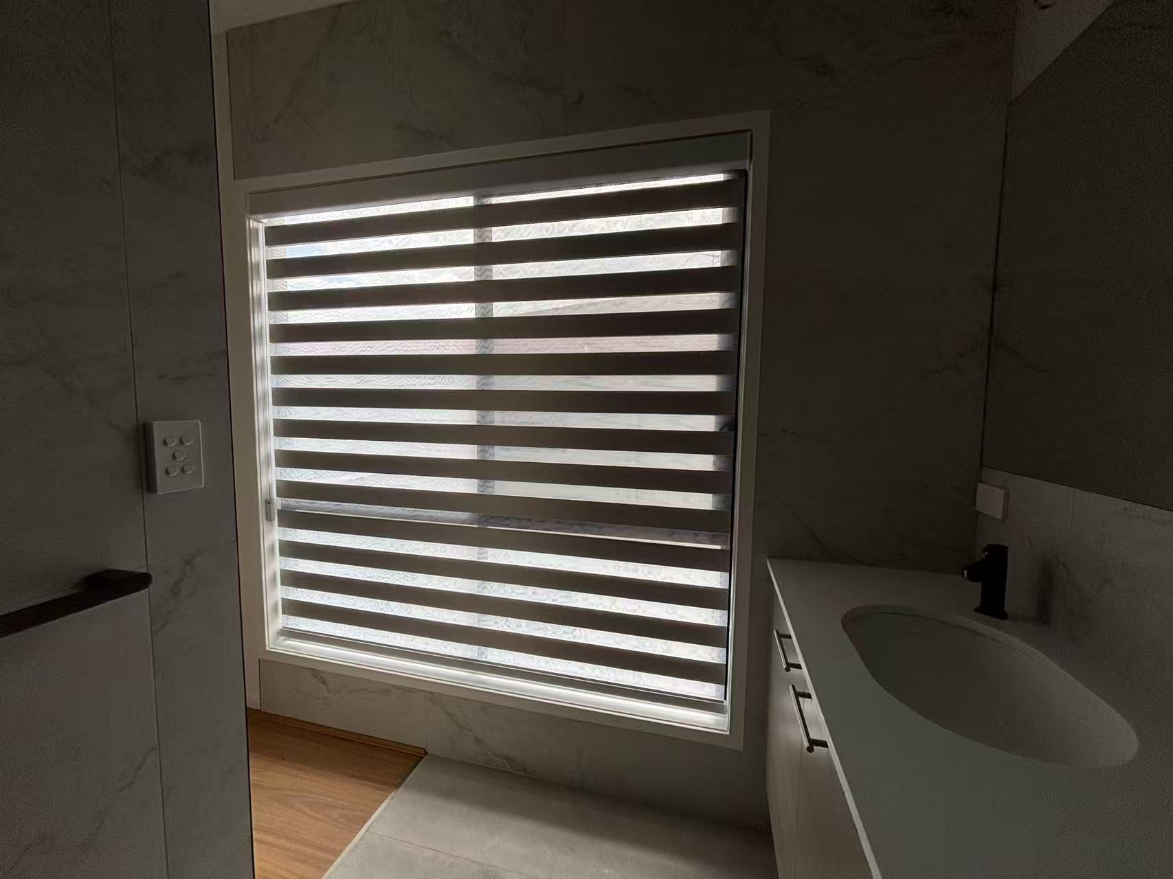 Bathroom With a Window and a Partly Closed Zebra Blind — U Curtains in Acacia Ridge, QLD