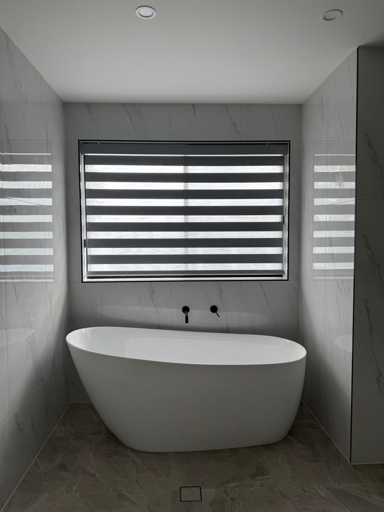 Modern Bathroom With White Freestanding Tub — U Curtains in Acacia Ridge, QLD