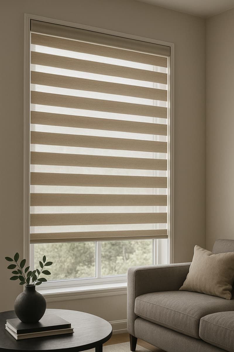 Tan and White Zebra Blinds on A Window Covering View — U Curtains in Acacia Ridge, QLD