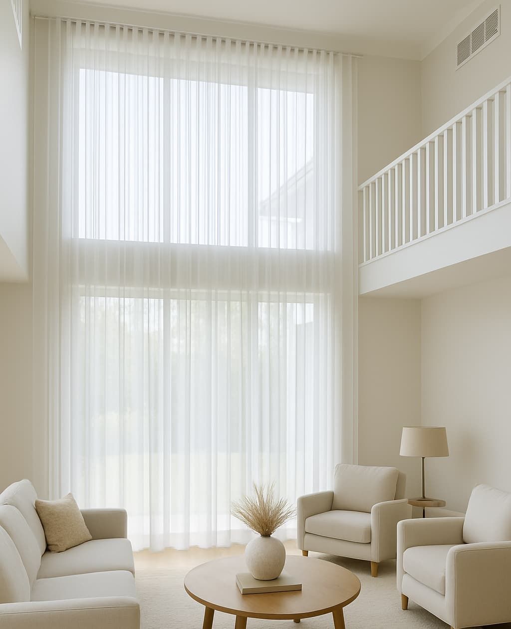 A Bright Airy Living Room with Sheer White Curtains on A Tall Window — U Curtains in Acacia Ridge, QLD