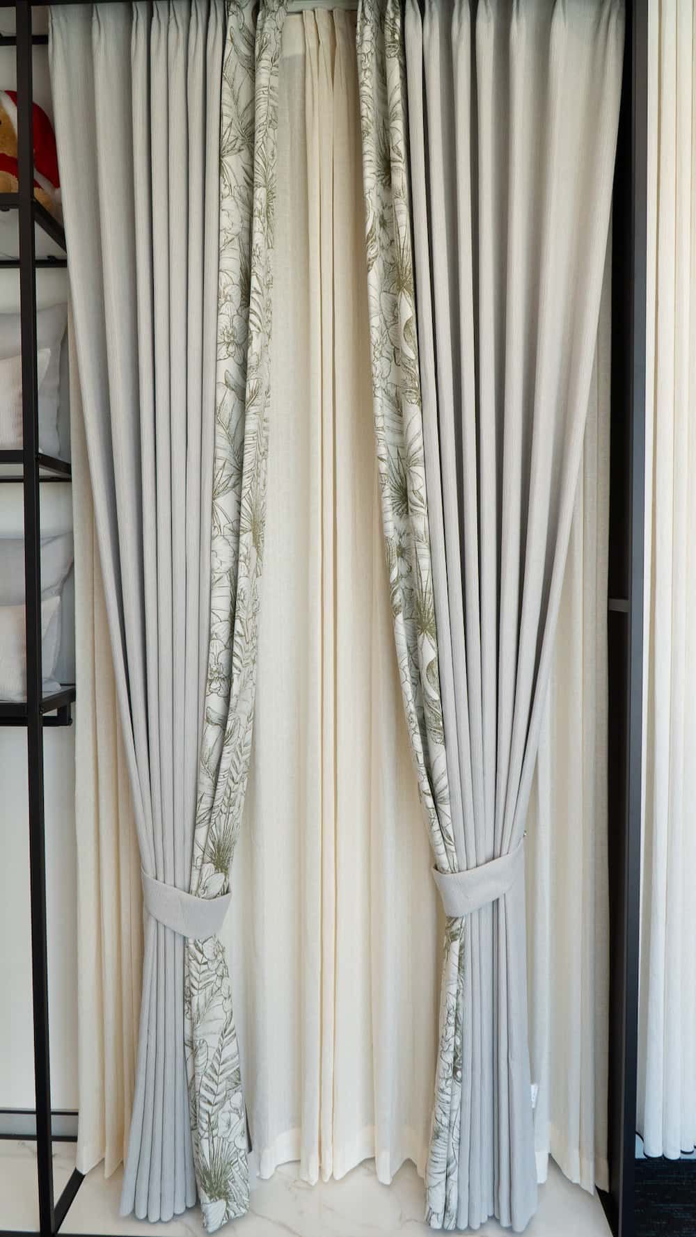 Light Gray Curtains with A Patterned Border Are Draped Open to Reveal a Beige Curtain Beneath — U Curtains in Acacia Ridge, QLD