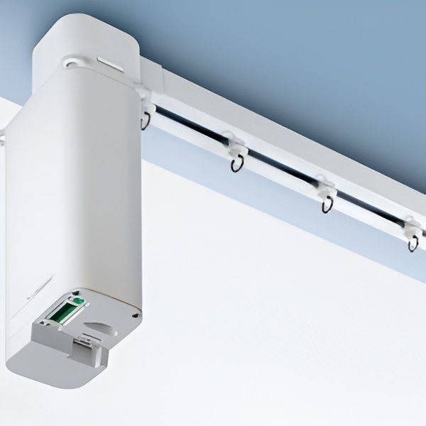 White Motorized Curtain Track System Mounted on A Blue Ceiling — U Curtains in Acacia Ridge, QLD
