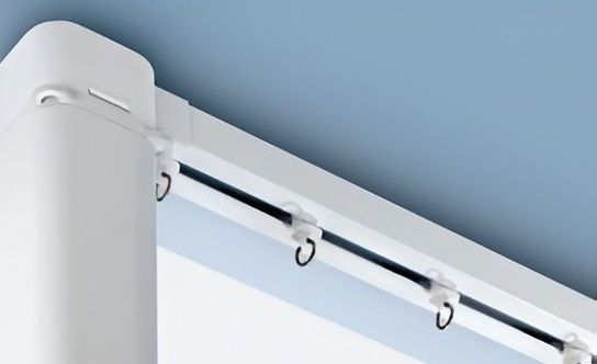 White Curtain Rod Track with Black Metal Rod Against a Blue Ceiling — U Curtains in Acacia Ridge, QLD