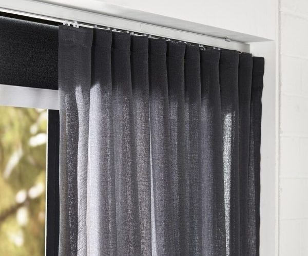 Dark Gray Sheer Curtain Hanging from A Silver Track Inside a White Window Frame — U Curtains in Acacia Ridge, QLD