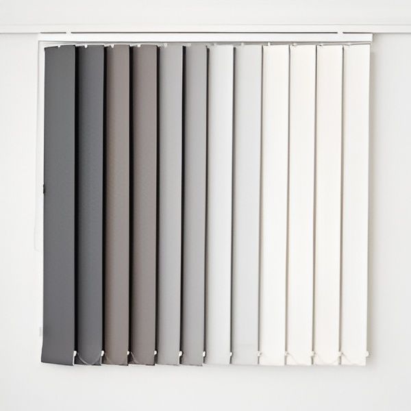 Vertical Blinds in Shades of Grey and White Hanging Against a White Wall — U Curtains in Acacia Ridge, QLD