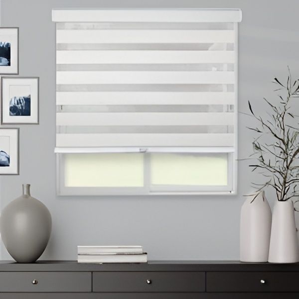 Window with White and Light Grey Zebra Blinds — U Curtains in Acacia Ridge, QLD