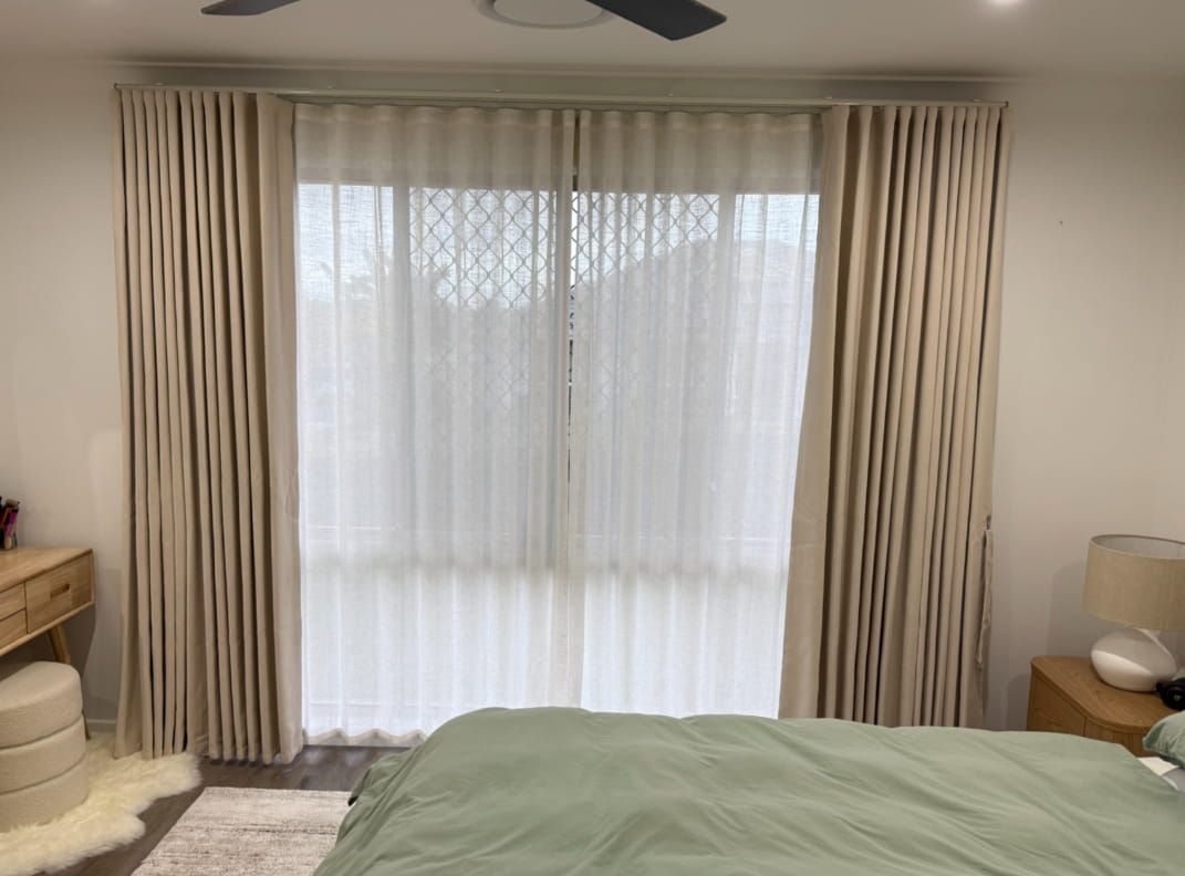 Bedroom with Sheer White Curtains Behind Solid Beige Drapes — U Curtains in Acacia Ridge, QLD