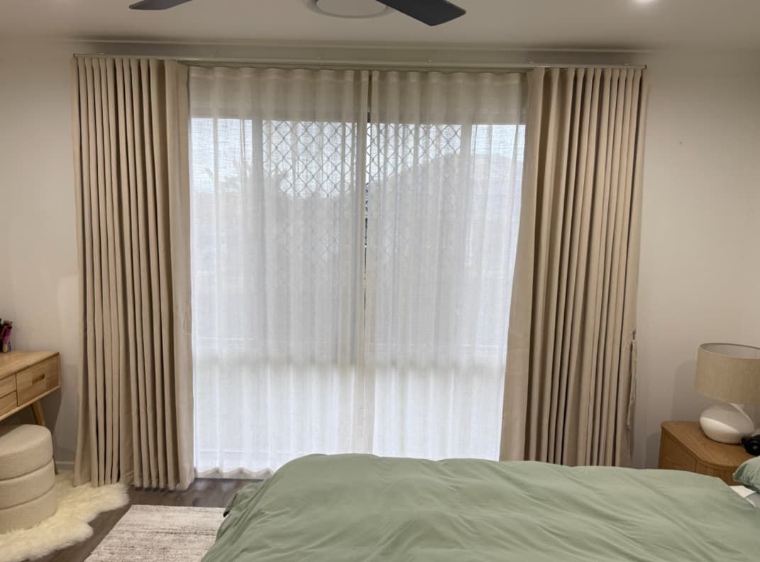 Bedroom Window with Beige Drapes and Sheer White Curtains — U Curtains in Acacia Ridge, QLD