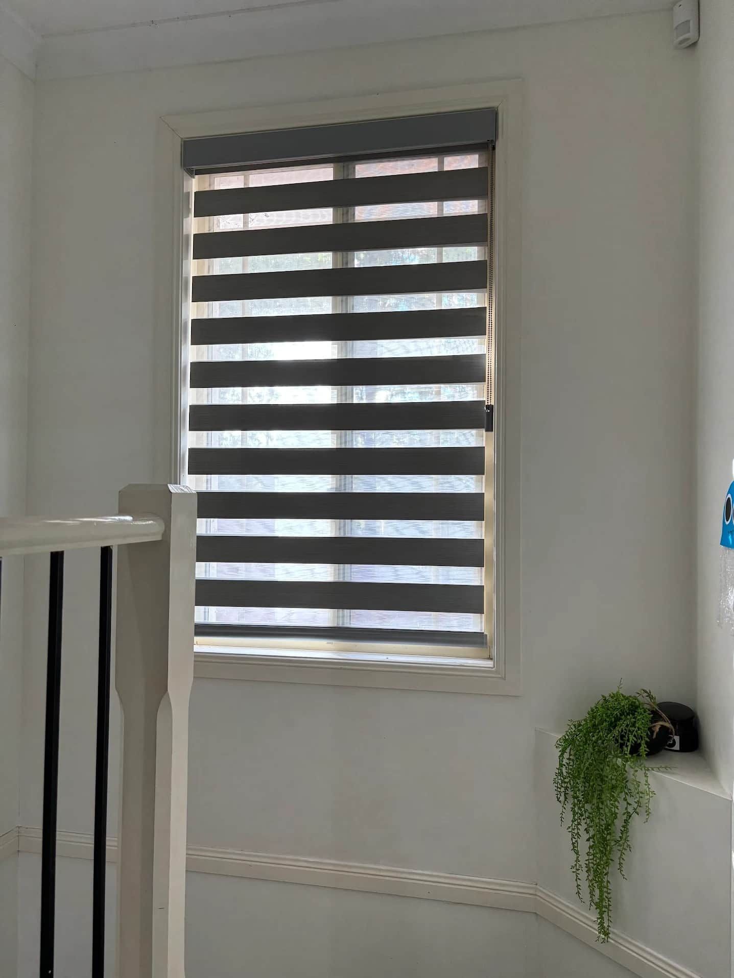 Window with Gray and White Zebra Blinds Partially Open — U Curtains in Acacia Ridge, QLD
