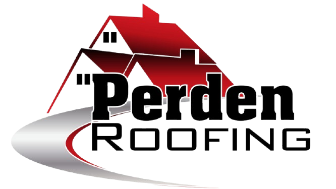 The logo for perden roofing shows a house with a red roof