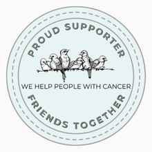 A proud supporter logo that says `` we help people with cancer friends together ''. A proud supporter logo that says `` we help people with cancer friends together ''.