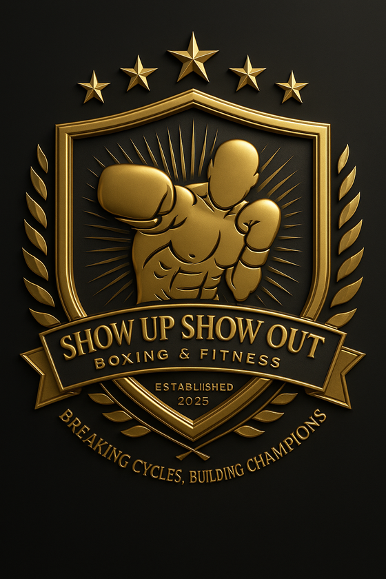 Gold boxing logo with clenched fist, stars, and laurel leaves on black.