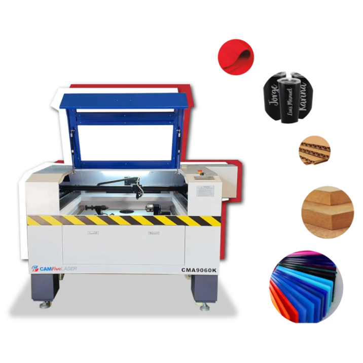 Máquina de grabado láser con marco azul y blanco y ejemplos de materiales que puede procesar, incluido metal grabado, cartón y acrílico colorido.