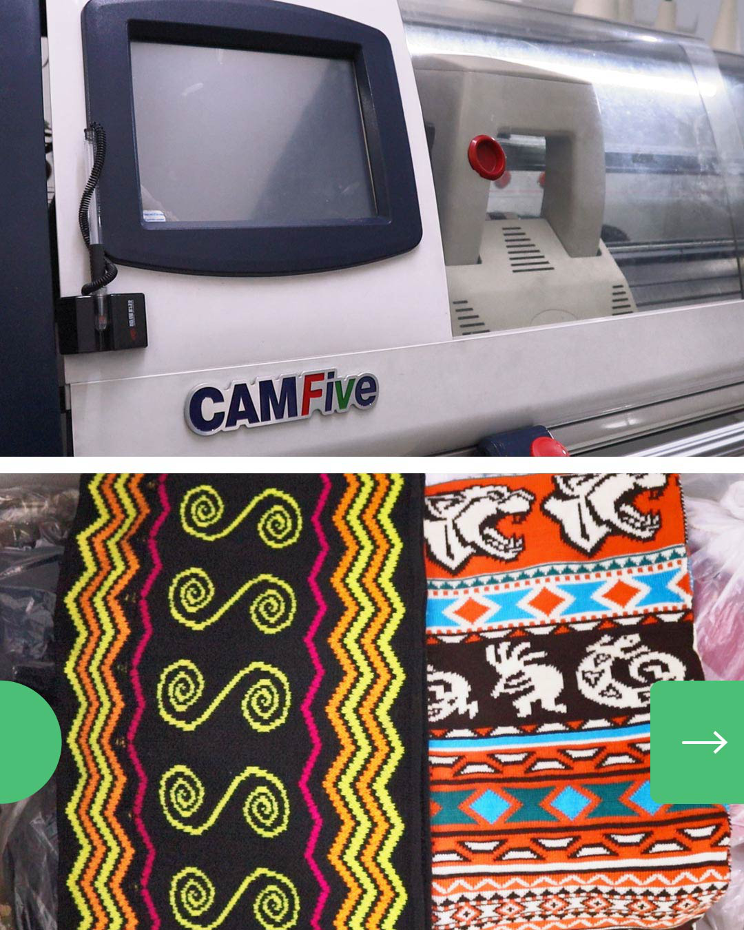 Máquina de tejer CAMFive con pantalla táctil y muestras de tela estampadas.