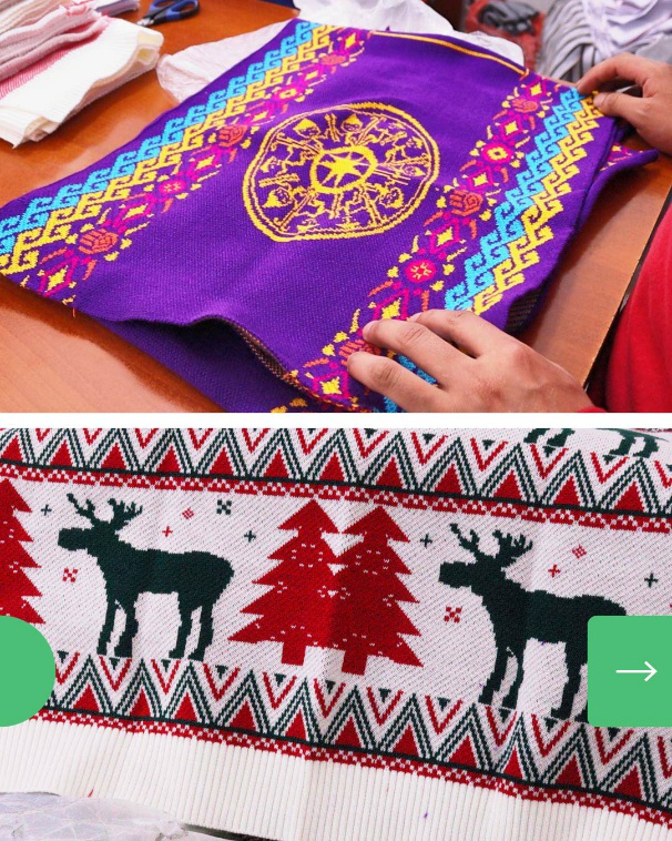 Parte superior: Tela morada con bordados dorados y coloridos. Parte inferior: Patrón navideño de punto con renos y árboles.