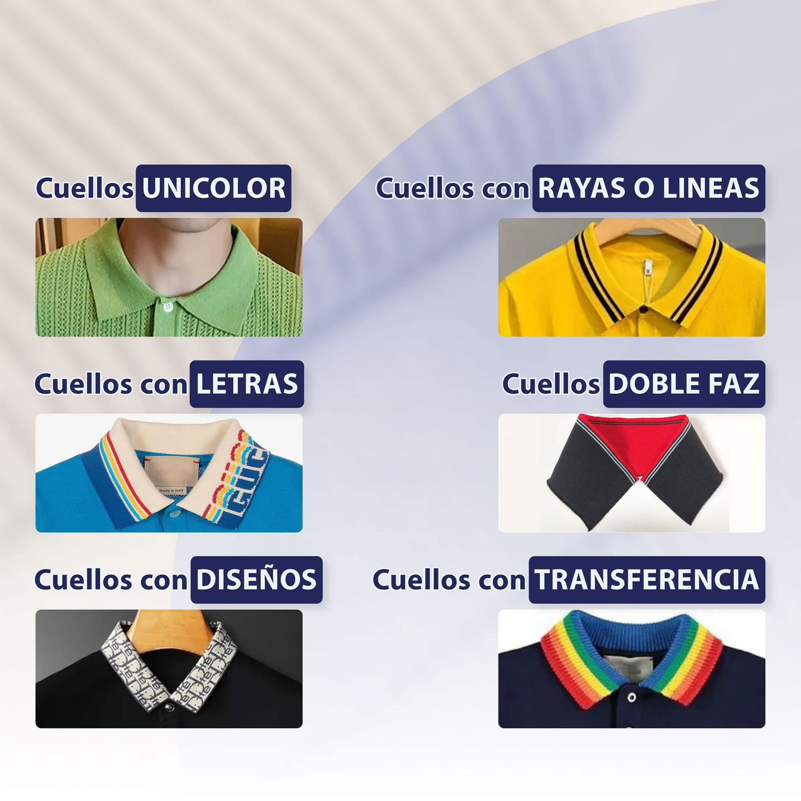 Collage de cuellos de camisa con diferentes estilos: lisos, rayados, con letras, de doble cara, estampados y diseños transferidos.