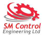 The logo for sm control engineering ltd has a red gear on it.