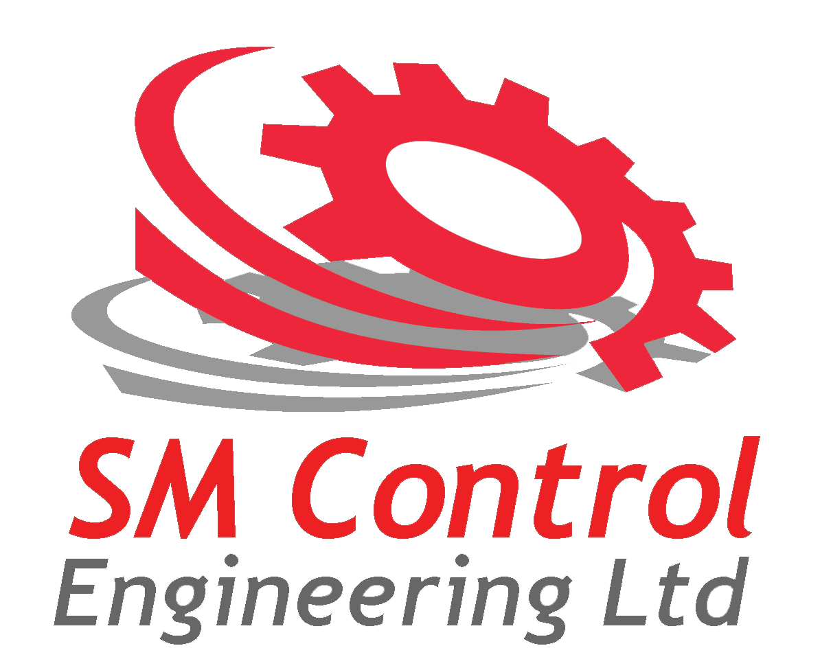 The logo for sm control engineering ltd has a red gear on it.