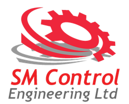 The logo for sm control engineering ltd has a red gear on it.