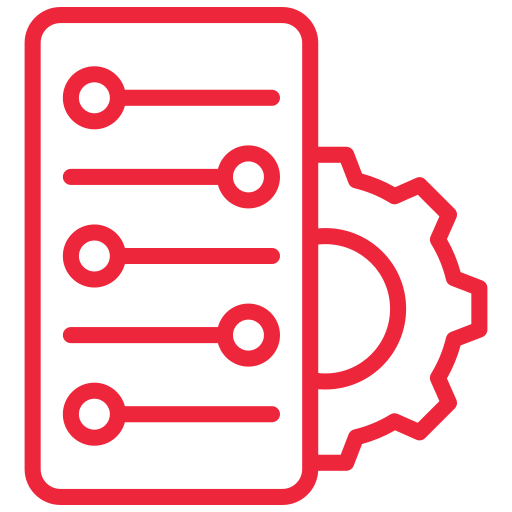 A red icon of a gear and a list of buttons.