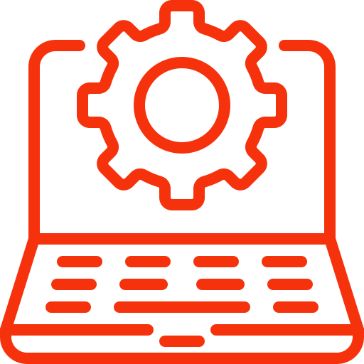 A red icon of a laptop with a gear on it.