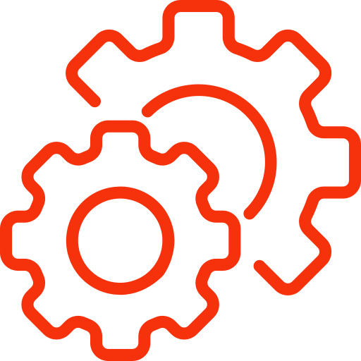 A red gear icon on a white background.