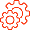 A red gear icon on a white background.