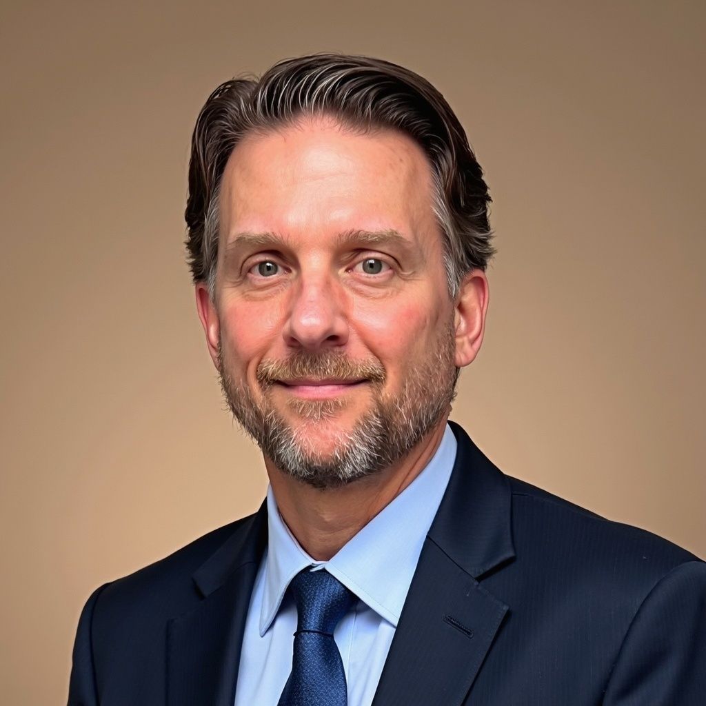 Man in a suit smiles, facing forward. Light brown background.