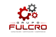 Logo de Grupo Fulcro con engranes rojos y grises y el lema “Capacitación, certificación, competencias”