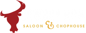 Cowboy Row text in white. Saloon & Chophouse text in gold'ish yellow color. Bull graphic in red.