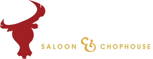 Cowboy Row text in white. Saloon and Chophouse text in gold'ish yellow and bull graphic in red