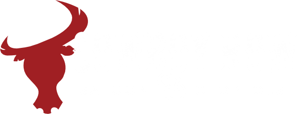 Cowboy Row Saloon and Chophouse logo with white text and bull graphic in red