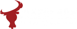 Cowboy Row Saloon and Chophouse logo with white text and bull graphic in red